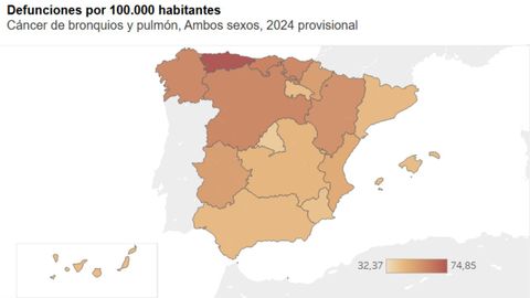 Defunciones por cada 100.000 habitantes por cncer de bronquios y pulmn en 2024, por comunidades autnomas