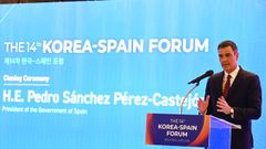 El presidente del Gobierno, Pedro Snchez, durante su discurso en la ceremonia de clausura de la decimocuarta edicin de la Tribuna Corea-Espaa.