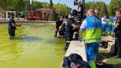 Bomberos de M�stoles trabajan en la fuente en la que pereci� ahogado el joven