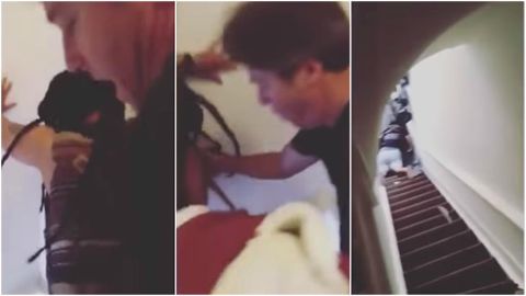 El propietario empuj� a la mujer que se agarr� a la pared antes de precipitarse por las escaleras (Youtube)