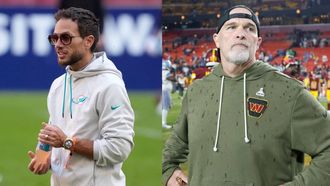 Mike McDaniel, entrenador de los Dolphins, y Dan Quinn, entrenador de los Commanders