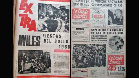 As lo cont LA VOZ DE ASTURIAS. Unas pginas especiales en color y la portada en la que se da cuenta del 45 aniversario del diario, en el ao 1968