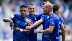 Gol Barcenas Ortu�o Tejera Carlos Hernandez Jimmy Real Oviedo Numancia Carlos Tartiere.B�rcenas celebra su tanto ante el Numancia junto a Ortu�o, Tejera, Jimmy y Carlos Hern�ndez