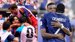 Imagen de la izquierda: los jugadores de la selecci�n espa�ola, celebrando como una pi�a uno de sus goles en este Mundial. Foto de la derecha: Mbapp�, abraz�ndose con Dembele tras uno de los tantos de la selecci�n francesa.