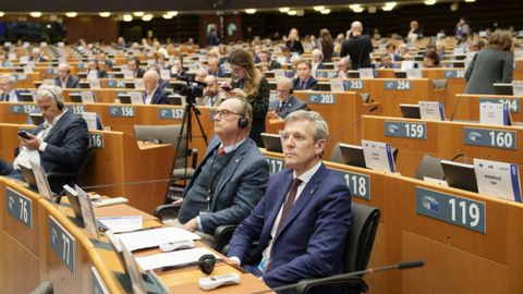 El presidente de la Xunta, Alfonso Rueda, este mi�rcoles en el Parlamento Europeo en Bruselas, durante el Comit� Europeo de las Regiones.