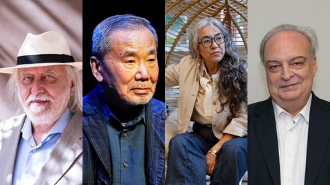 De izquierda a derecha, los escritores candidatos al Nobel László Krasznahorkai, Haruki Murakami, Cristina Rivera Garza y Enrique Vila-Matas.