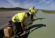 Operarios pintando el pavimento de la senda para ciclistas. 