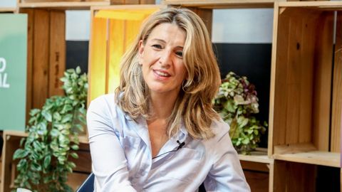 Yolanda D�az durante una sesi�n de an�lisis en Madrid sobre el efecto psicol�gico de la precariedad laboral el pasado abril