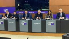 El secretario xeral de Pol�tica Ling��stica, Valent�n Garc�a (primero por la derecha), participando en la reuni�n celebrada en el Parlamento Europeo