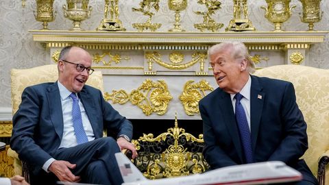 Friedich Merz e Donald Trump durante a s&uacute;a reuni&oacute;n do pasado martes en Washington.