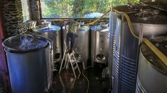Trasiego de vino de la �ltima cosecha en los dep�sitos de una bodega de Ribeira Sacra.