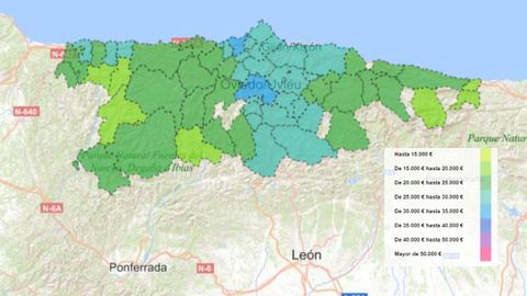 Mapa de la renta media del Principado de Asturias en 2021