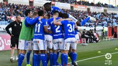 Gol Tejera Almeria Real Oviedo Juegos Mediterraneos.Los futbolistas azules celebran el gol de Tejera frente al Almer�a