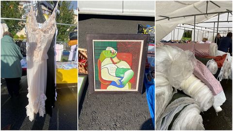 Algunos de los objetos en los que se fija Hugo López al llegar al mercadillo. A la izquierda, un vestido de encaje que recuerda la tendencia de lo «coquette». En el centro, un cuadro. A la derecha, los retales de tela que busca para poder confeccionar sus propias prendas.