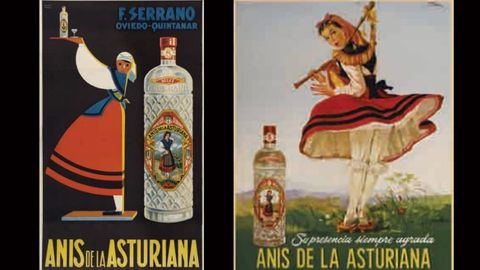 Dos carteles de Anís de la Asturiana, una marca creada en el siglo XIX y que aún perdura en el mercado