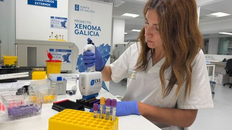 Una sanitaria durante el procesamiento de las muestras obtenidas ayer en el Hospital de Ourense