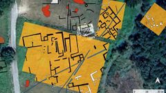  Los restos de construcciones descubiertos por el georradar est�n marcados en negro en el plano. El �horreum� (de color claro) aparece en el centro de la imagen. A su derecha est�n los vestigios de lo que se supone que es la vivienda romana a la que perteneci� el granero