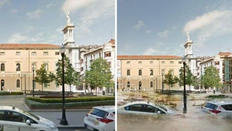 La plaza del Parch�s, en Gij�n, en el antes y el despu�s del algoritmo de inundaciones