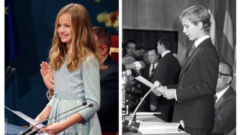 Combo de fotografas de la princesa Leonor, durante su primer discurso en la ceremonia de entrega de los Premios Princesa de Asturias 2019,  y de su padre, el entonces Prncipe de Asturias Felipe de Borbn, durante su primer discurso en la entrega de los Premios Prncipe de Asturias de 1981