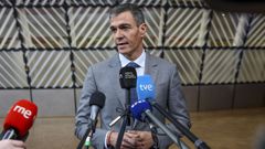 El presidente del Gobierno, Pedro S�nchez, en declaraciones a los periodistas a su llegada a Bruselas para participar en la reuni�n del Consejo Europeo este jueves