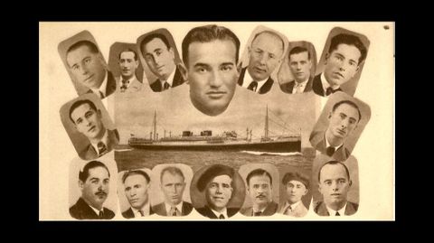 Postal de los marineros del  Cabo San Agustn  editada por la Federacin Espaola de Deportados e Internados Polticos (Fedip) en 1947 para pedir su liberacin. En la fila de arriba, destacado en el centro, Pedro Armesto Saco