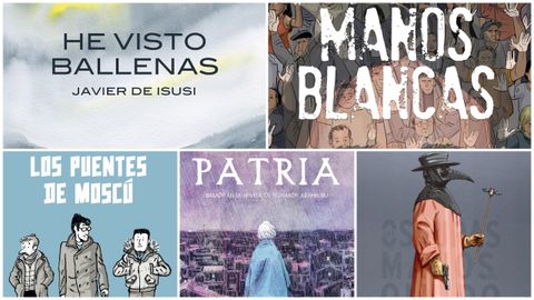 Portadas de «He visto ballenas», «Manos blancas», «Los puentes de Moscú», «Patria» y «Las oscuras manos del olvido»
