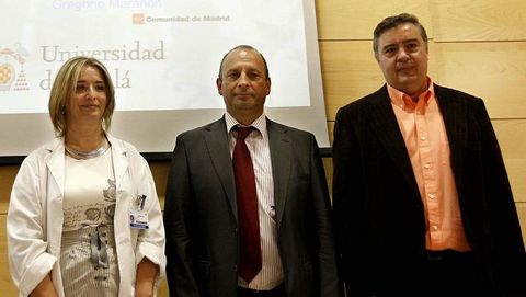 MªAngeles Muñoz Fernández, del Laboratorio de Inmunobiología Molecular del hospital Gregorio Marañón; Ricardo Herranz, director gerente del Gregorio Marañón y Javier de la Mata, del Departamento de Química Orgánica de la Universidad de Alcalá de Henares.
