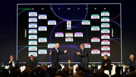 Imagen del cuadro de partidos del Mundial del prximo verano en un acto posterior al sorteo con la participacin del presidente de la FIFA Gianni Infantino