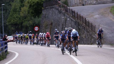 El pelotn durante la decimoquinta etapa de la Vuelta ciclista a Espaa disputada este domingo entre Infiesto y Cuitu Negru, con 143 kilmetros de recorrido