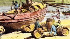 Grabado de Murillo que muestra un embarque de barriles de Vigo en la antigua playa del Areal