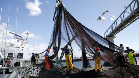 Tripulantes de un pesquero recogiendo el aparejo en Ribeira a mediados de marzo del 2025