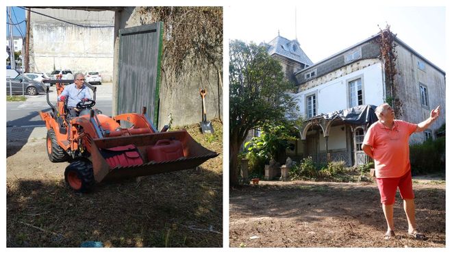 A la izquierda Jos Ramn Franco con su tractor, a su derecha Fernando Masafret ante la casa de San Romn