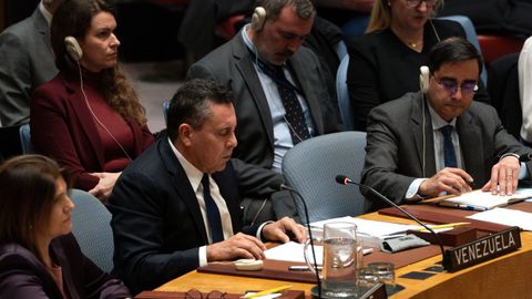 El representante de Venezuela Samuel Moncada en la reuni�n extraordinaria en el Consejo de Seguridad de la ONU.