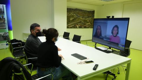 Un momento de la reuni�n telem�tica de Demetrio G�mez y Anabel Gul�as con la representante de la OCDE Mariana Mirabile