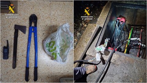 Herramientas utilizadas por los detenidos y los cables da�ados por el intento de robo en la v�a f�rrea Gij�n-Laviana.