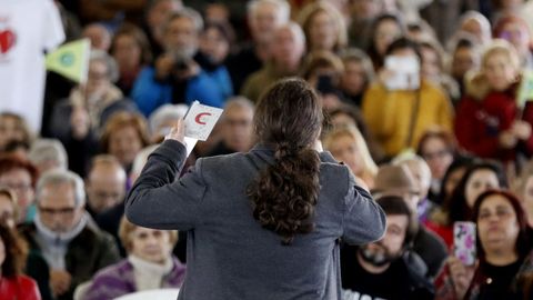 El secretario general de Podemos y candidato a la Presidencia del Gobierno, Pablo Iglesias, durante el acto celebrado en el polideportivo La Camocha de Gijn.