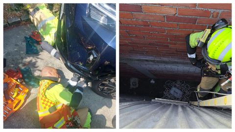 Rescate de dos gatos en Narón: a la izquierda en los bajos de un coche, a la derecha entre dos edificios