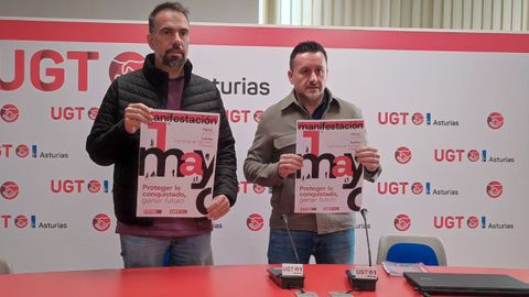 Los secretarios generales de CCOO y UGT en Asturias, Jos� Manuel Zapico y Javier Fern�ndez Lanero, presentan la movilizaci�n del 1 de mayo