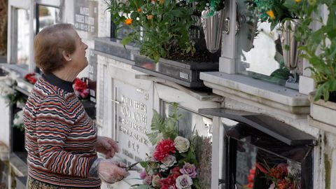 Una mujer arregla ofrendas florales en la tumba de un familiar en el cementerio de Ceares de Gij�n