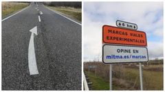 A la izquierda, las flechas de retorno en una carretera. Arriba, la advertencia de que son experimentales y la direcci�n web para opinar sobre su utilidad
