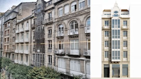 El edificio que alberga la farmacia Cobián en el Paseo de Ourense (en la imagen de la izquierda, en el centro) acaba de recibir licencia para su renovación. En la foto de la derecha, una recreación de cómo quedará tras la intervención.