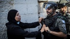Una mujer palestina intenta frenar a un polic�a israel� cerca de la Puerta de Damasco.