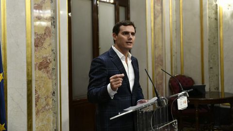 El presidente de Ciudadanos, Albert Rivera, en la rueda de prensa de hoy