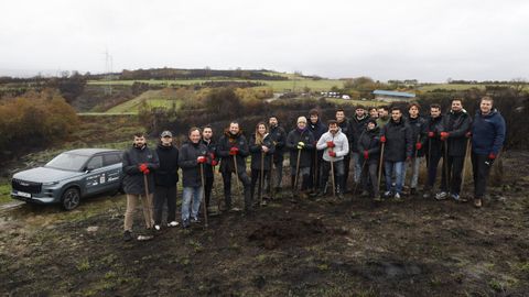 Empleados y directivos de las marcas automovlisticas Jaecco y Omoda, trabajando en la reforestacin de montes quemados en Cualedro y Monterrei.