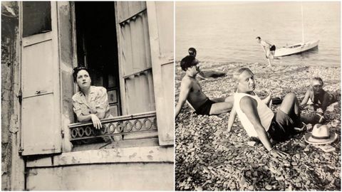 A la izquierda, «Autorretrato», Dora Maar asomada a la ventana de su estudio, en una imagen tomada en París en torno a 1937. A la derecha, Picasso con amigos en la playa (Francia, 1940).