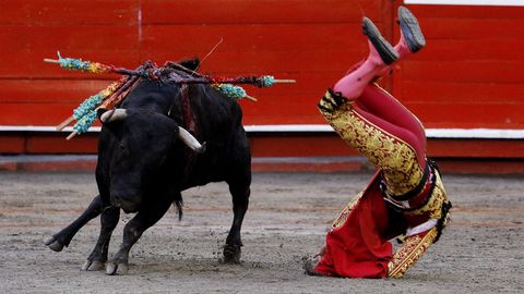 El torero colombiano David Mart�nez cae al suelo mientras lidia un toro durante el segundo d�a de la Temporada Taurina de la Feria de Manizales, en Colombia