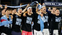 Los jugadores del Celta, celebrando el triunfo ante el Sevilla y la clasificaci�n para la Europa League el pasado fin de semana.