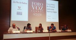 Manuel Gonz�lez, Jorge Su�rez, Mar�a Meizoso -moderadora-, Crist�bal Dobarro y Ces�reo Fraga en el debate de Foro Voz. 