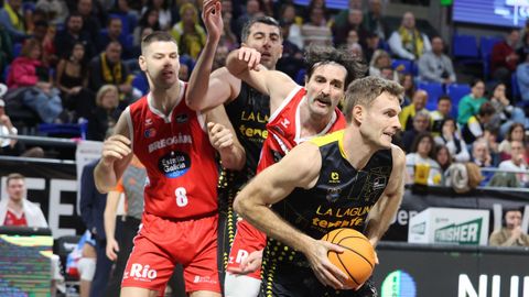 Abromaitis esconde el bal�n ante la defensa de Andric, con Apic y Shermadini a la expectativa.