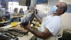 A unos seis euros el kilo puede comprarse el bonito espa�ol fresco entero, como este que pesaba este mi�rcoles Peixer�a Grallal de Viveiro